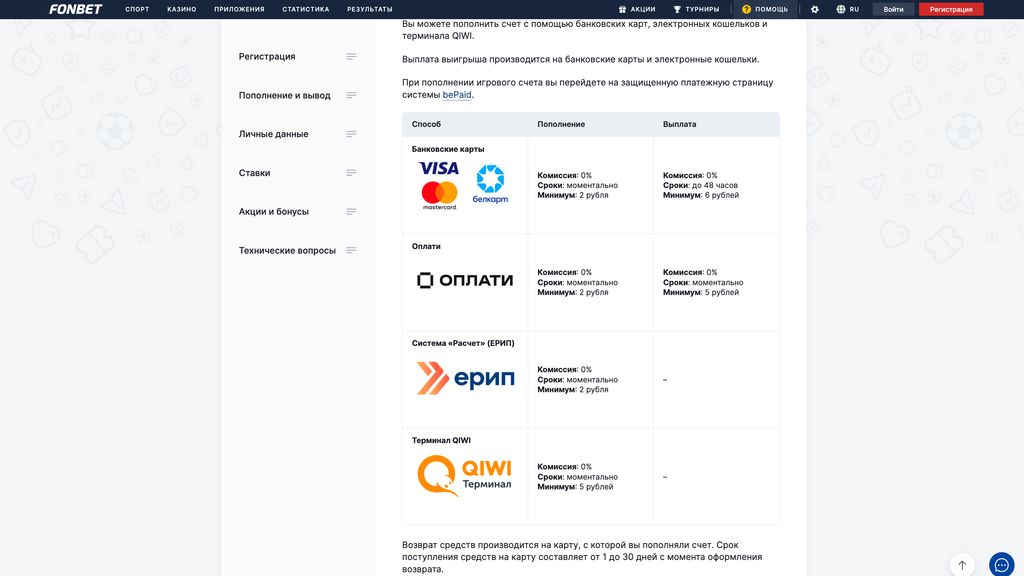 Информация о платежных методах на fonbet.by